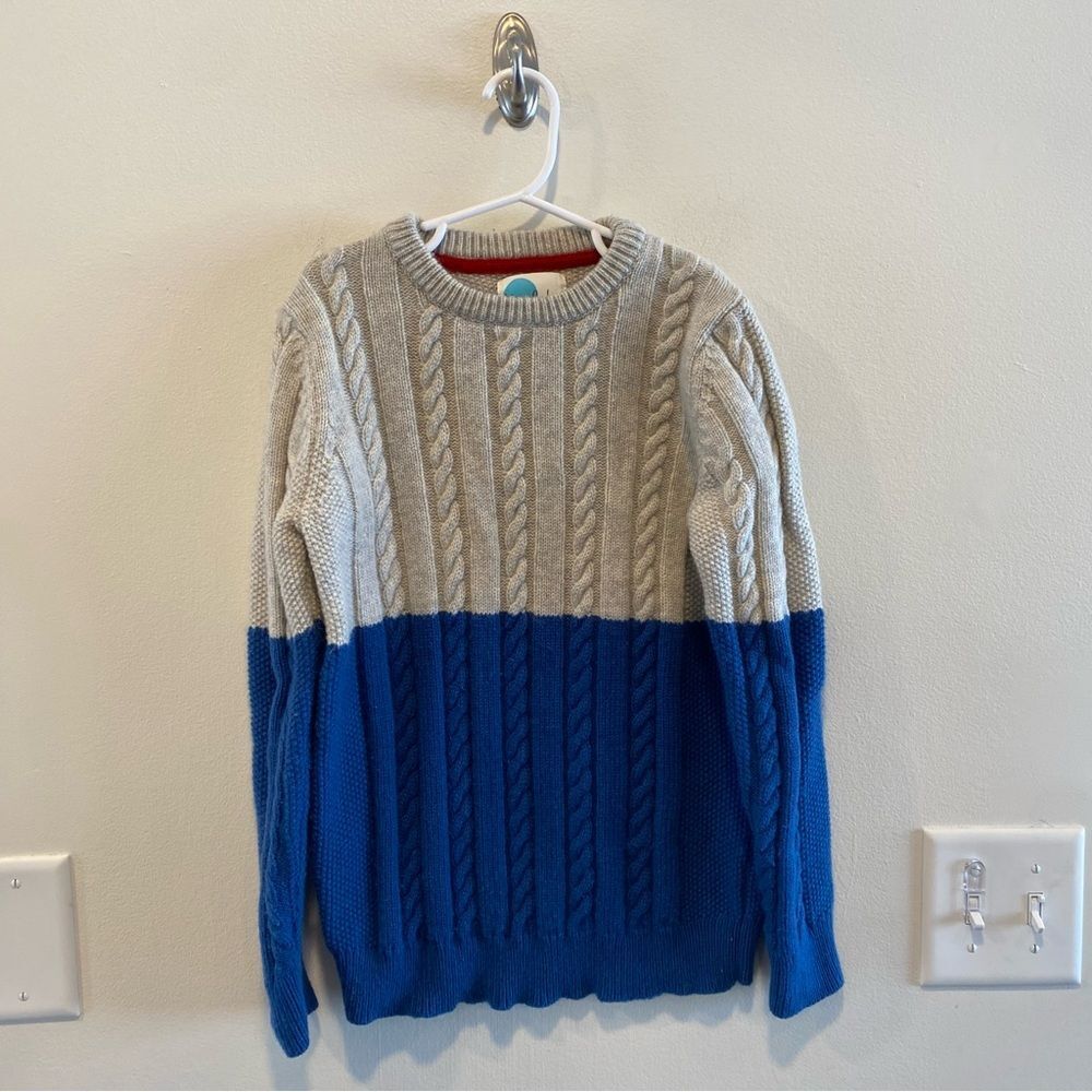 Mini Boden boys sweater sz 9-10 cableknit color block wool blue fisherman preppy